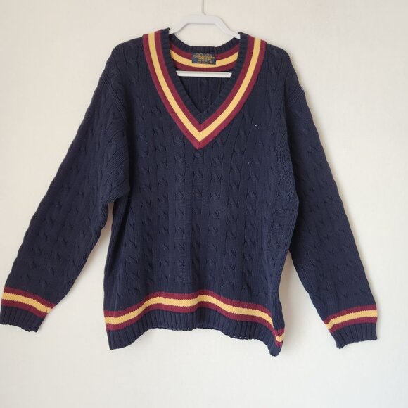 Vintage Brooks Brothers Cotton Cable Knit Cricket V-Neck Sweater Navy - Picture 3 of 10